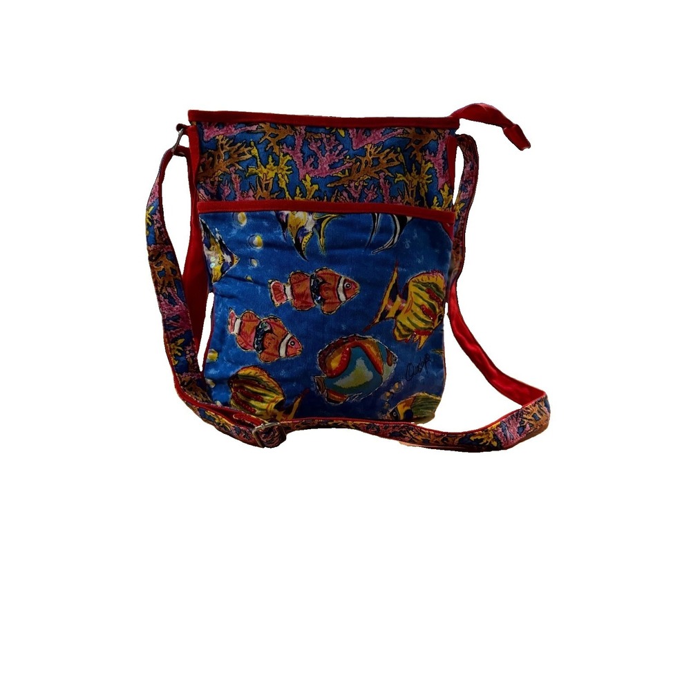 Anne Ormsby Shoulder Bag Womens Blue Multi Tropical Fish Print Crossbody Strap